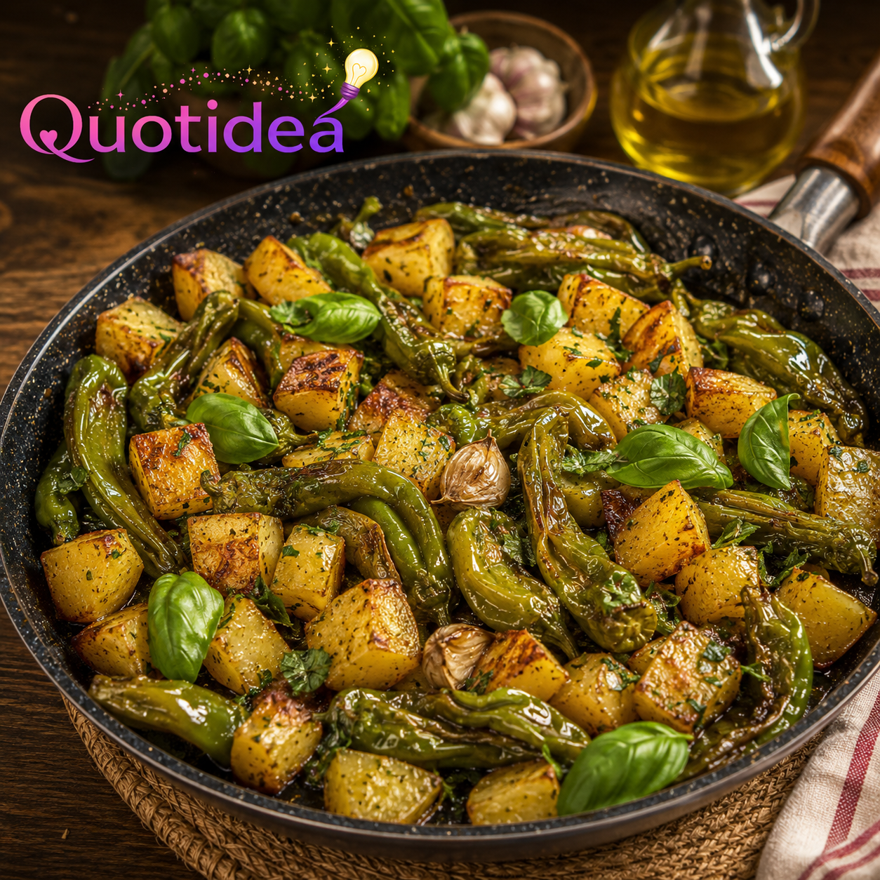 Patate dorate e friggitelli cotti in padella con basilico fresco pronti da servire come contorno estivo