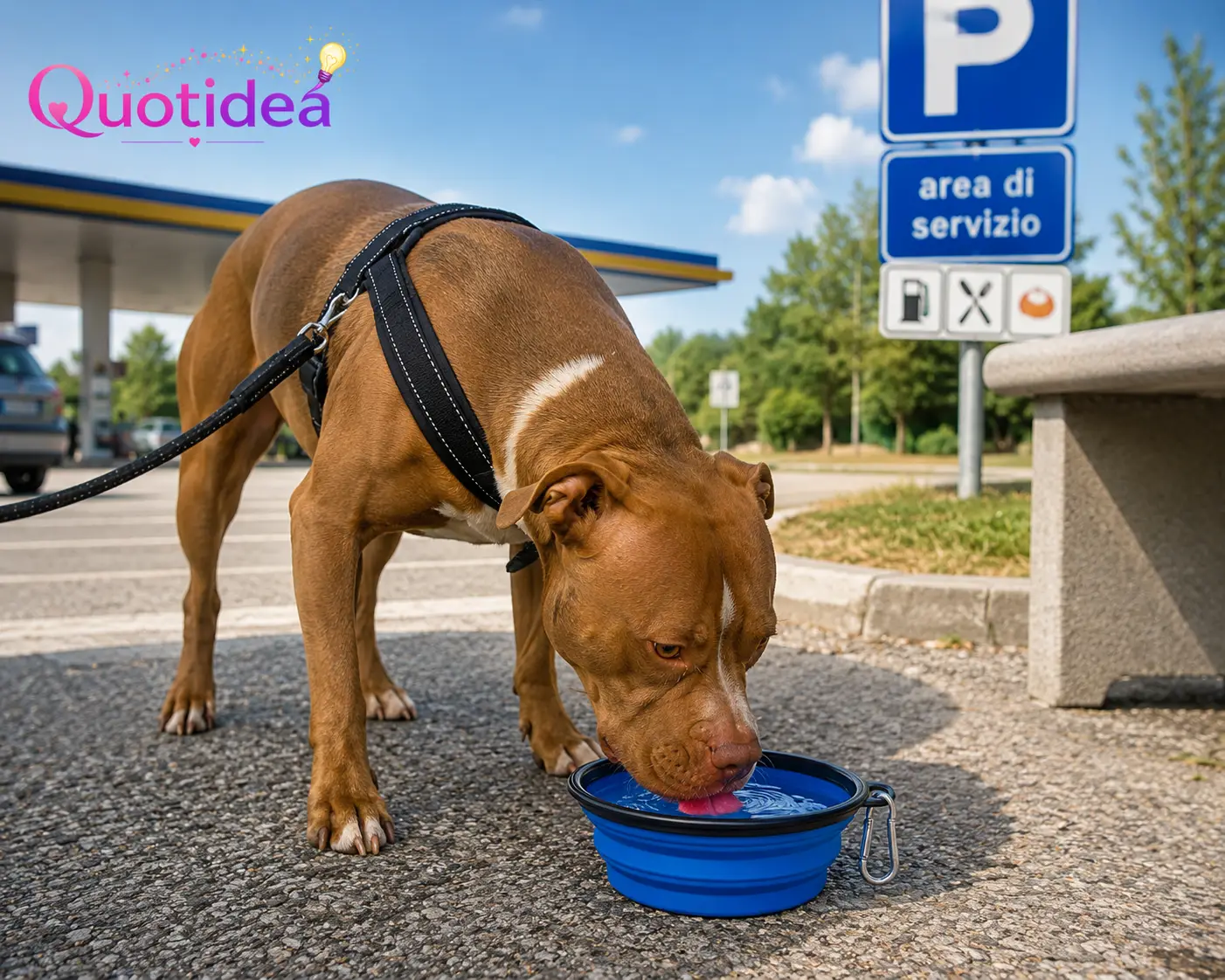 Pitbull Terrier durante una sosta in un'area di servizio mentre beve acqua da una ciotola pieghevole