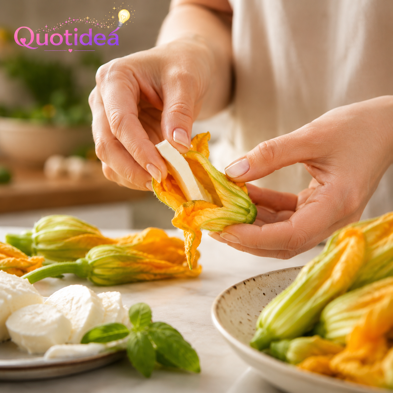 Mani che farciscono delicatamente un fiore di zucca con mozzarella prima della frittura