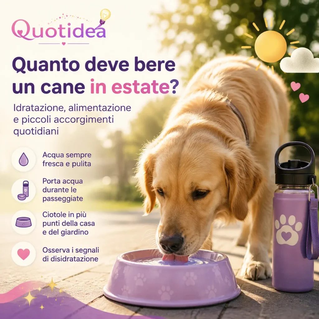 Golden Retriever che beve da una ciotola d'acqua all'aperto durante una calda giornata estiva, con borraccia e consigli per mantenere il cane idratato.