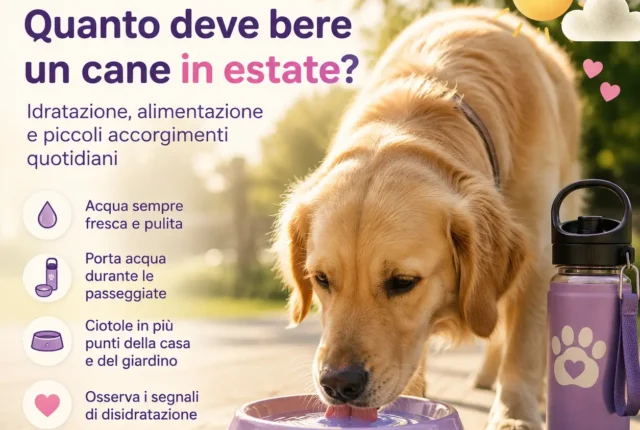 Golden Retriever che beve da una ciotola d'acqua all'aperto durante una calda giornata estiva, con borraccia e consigli per mantenere il cane idratato.