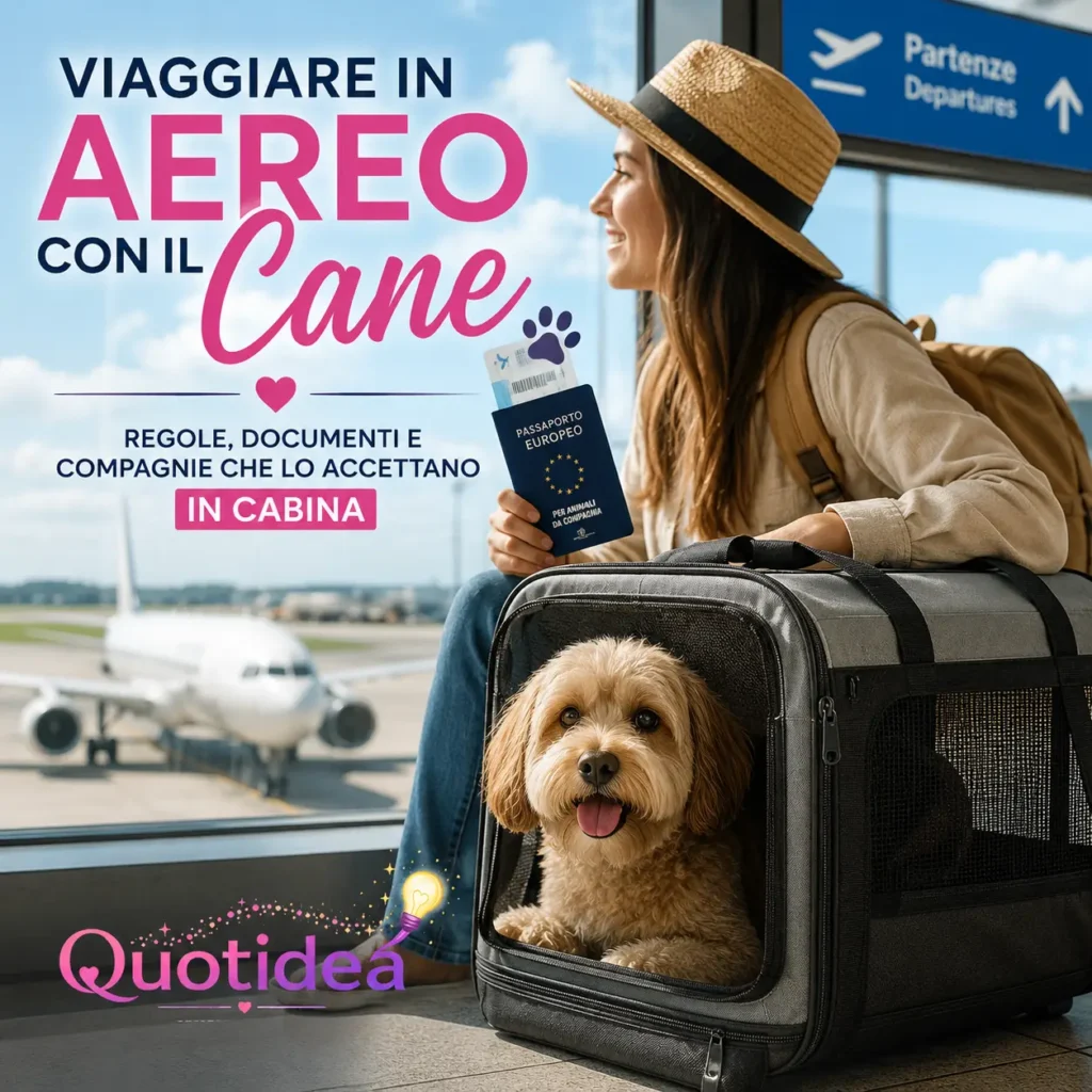 Donna in aeroporto con un cane all'interno del trasportino e passaporto europeo per animali, pronta a viaggiare in aereo con il proprio animale domestico.
