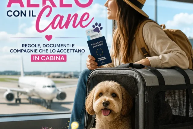 Donna in aeroporto con un cane all'interno del trasportino e passaporto europeo per animali, pronta a viaggiare in aereo con il proprio animale domestico.