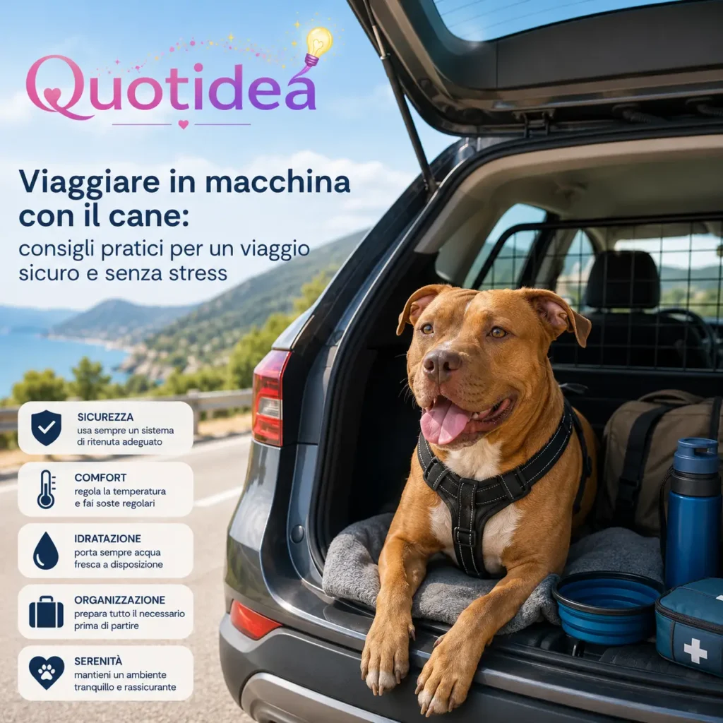 Cane con pettorina seduto nel bagagliaio aperto di un'auto, con ciotola pieghevole, acqua e kit da viaggio, pronto per partire in sicurezza.