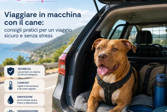 Cane con pettorina seduto nel bagagliaio aperto di un'auto, con ciotola pieghevole, acqua e kit da viaggio, pronto per partire in sicurezza.