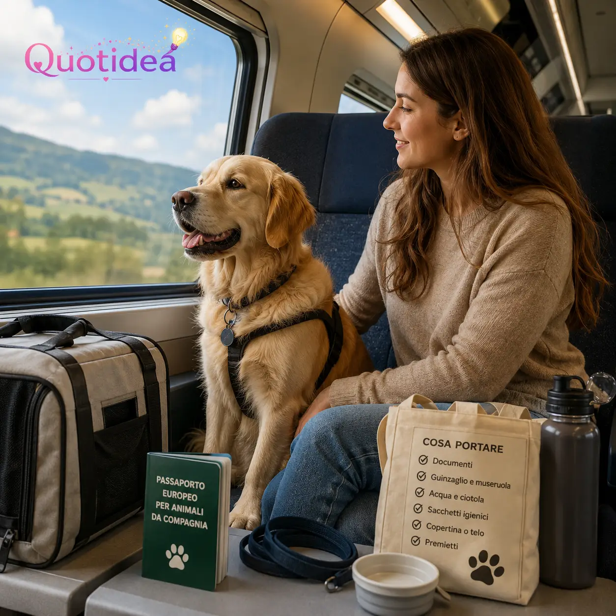 Cane seduto tranquillamente accanto alla proprietaria durante un viaggio in treno