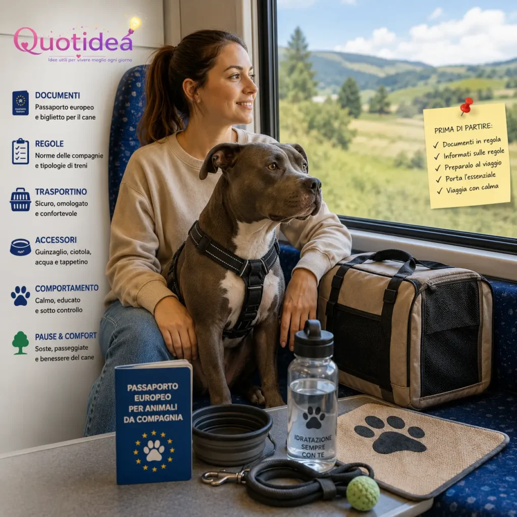 Donna seduta sul treno con un cane di taglia media, trasportino, passaporto europeo per animali da compagnia e accessori da viaggio.