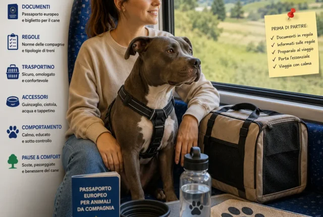 Donna seduta sul treno con un cane di taglia media, trasportino, passaporto europeo per animali da compagnia e accessori da viaggio.