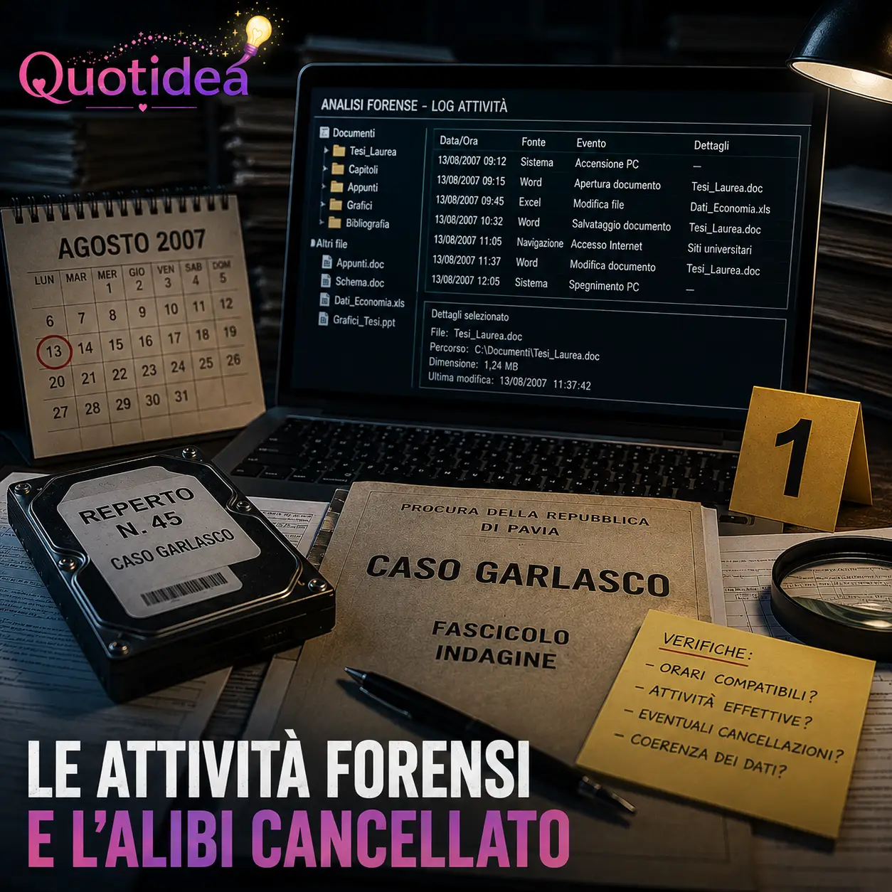 Ricostruzione grafica dell'alibi informatico nel caso Garlasco con computer, fascicoli d'indagine, calendario del 13 agosto 2007 e analisi delle attività registrate sul PC.