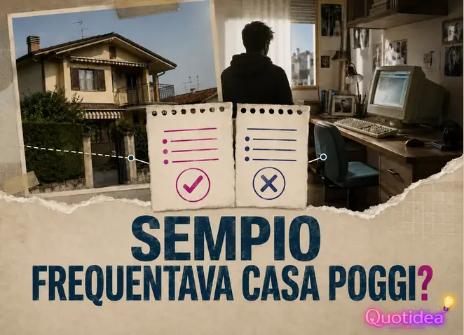Collage sulla frequentazione di Andrea Sempio nella villetta dei Poggi, con la casa, il computer e due dichiarazioni a confronto.