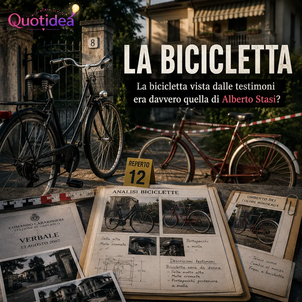 Illustrazione editoriale che raffigura la bicicletta vista dalle testimoni nel caso Garlasco, confrontata con una Umberto Dei bordeaux e i fascicoli dell'indagine.