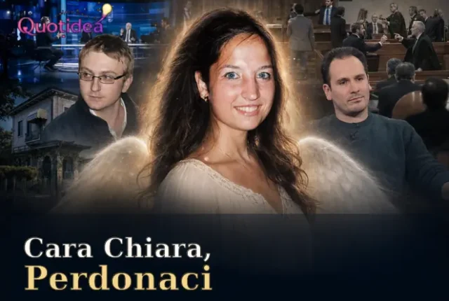 Rappresentazione artistica di Chiara Poggi come un angelo tra le stelle con la scritta Cara Chiara, perdonaci