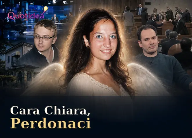 Rappresentazione artistica di Chiara Poggi come un angelo tra le stelle con la scritta Cara Chiara, perdonaci