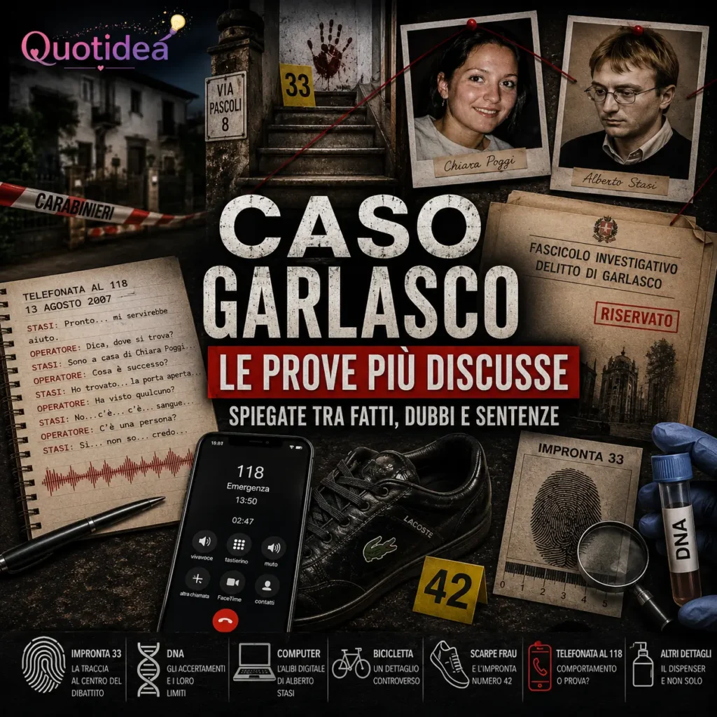 Copertina illustrata del caso Garlasco con Chiara Poggi, Alberto Stasi, impronta 33, DNA, scarpa Frau, telefonata al 118 e gli elementi più discussi dell'inchiesta.