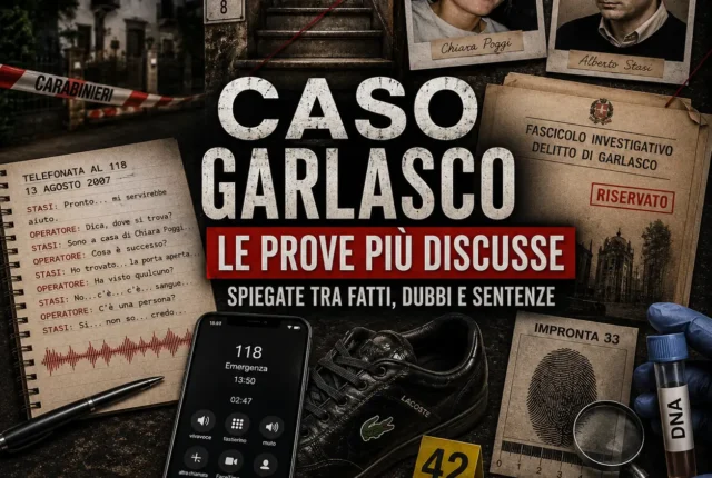 Copertina illustrata del caso Garlasco con Chiara Poggi, Alberto Stasi, impronta 33, DNA, scarpa Frau, telefonata al 118 e gli elementi più discussi dell'inchiesta.