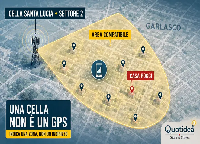 Infografica sulla zona coperta dal settore 2 della cella telefonica Santa Lucia a Garlasco, comprendente casa Poggi e numerosi altri punti.