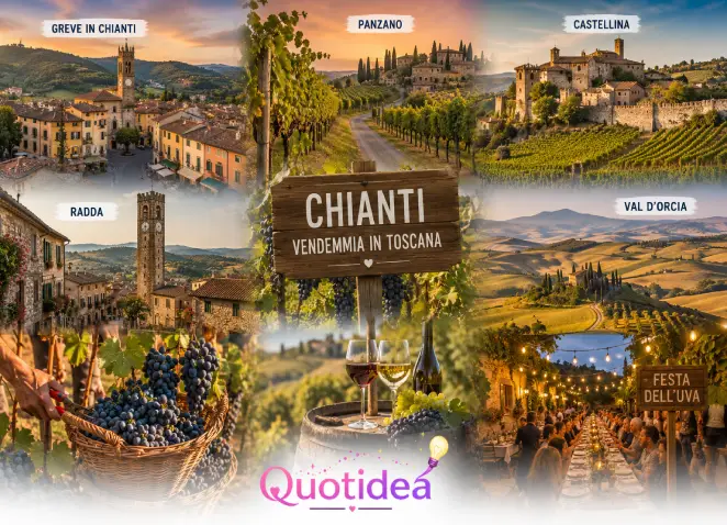 Chianti e borghi della Toscana durante la vendemmia Collage del Chianti durante la vendemmia con Greve in Chianti, Panzano, Castellina, Radda e Val d’Orcia