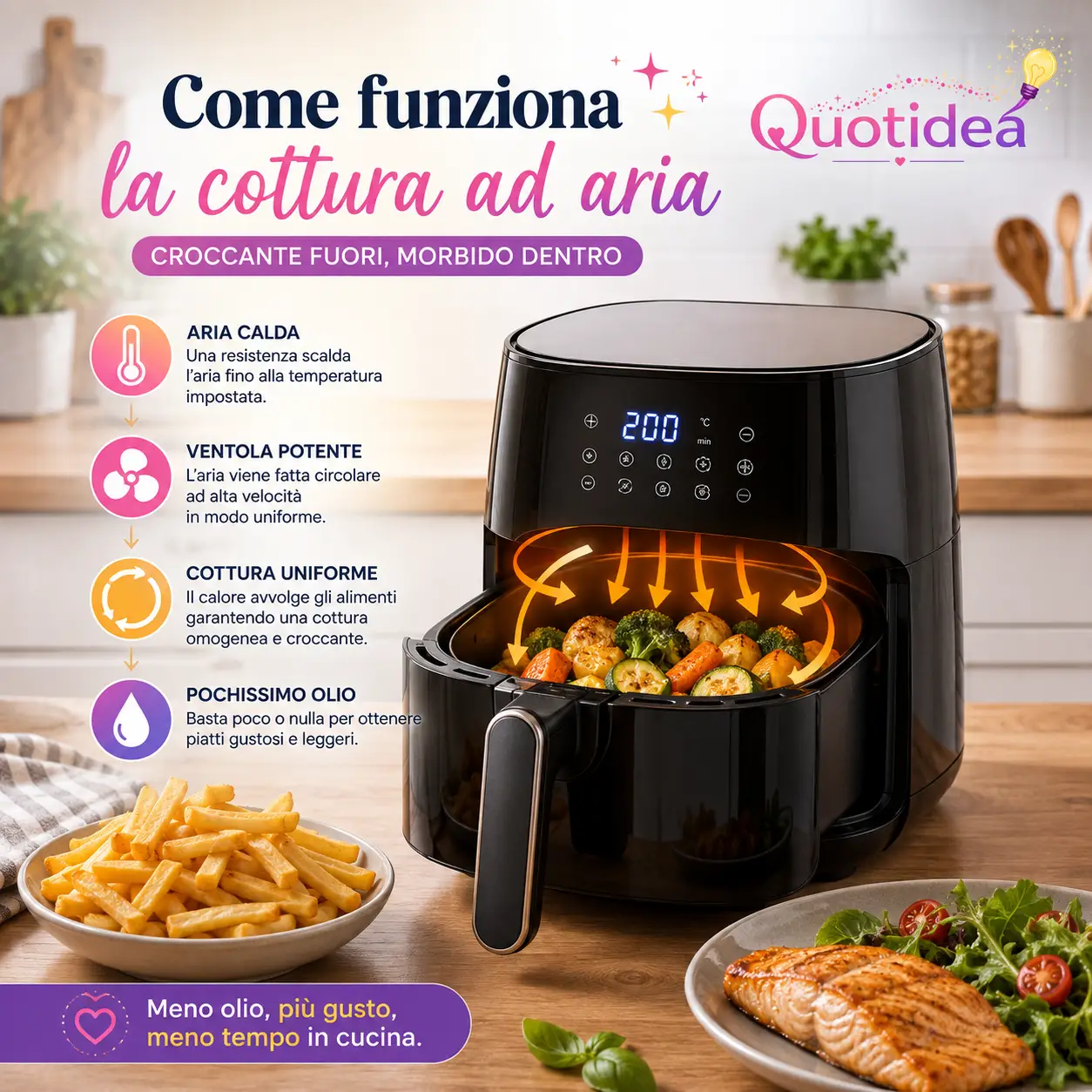 Friggitrice ad aria con cestello aperto, alimenti in cottura e frecce che mostrano la circolazione dell’aria calda.