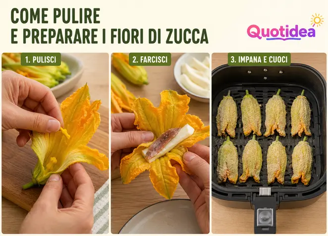 Passaggi per pulire, farcire e impanare i fiori di zucca prima della cottura in friggitrice ad aria.