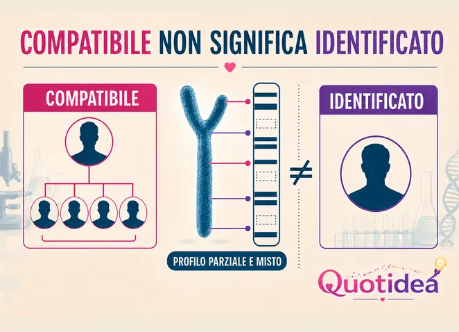 Infografica sul cromosoma Y che spiega la differenza tra compatibilità genetica e identificazione individuale.