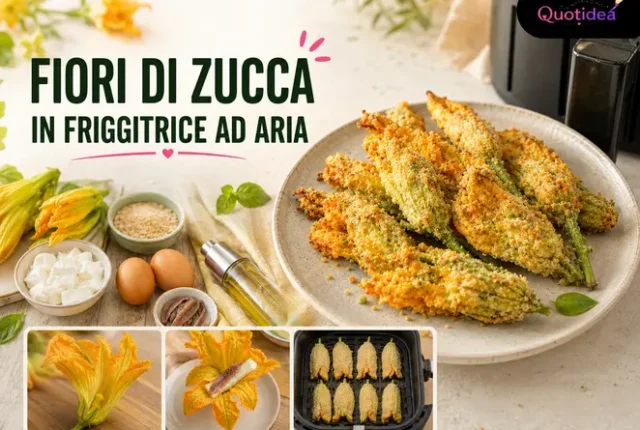 Fiori di zucca croccanti in friggitrice ad aria con ingredienti e fasi della preparazione