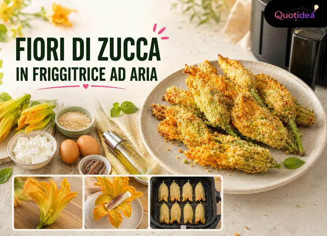 Fiori di zucca croccanti in friggitrice ad aria con ingredienti e fasi della preparazione