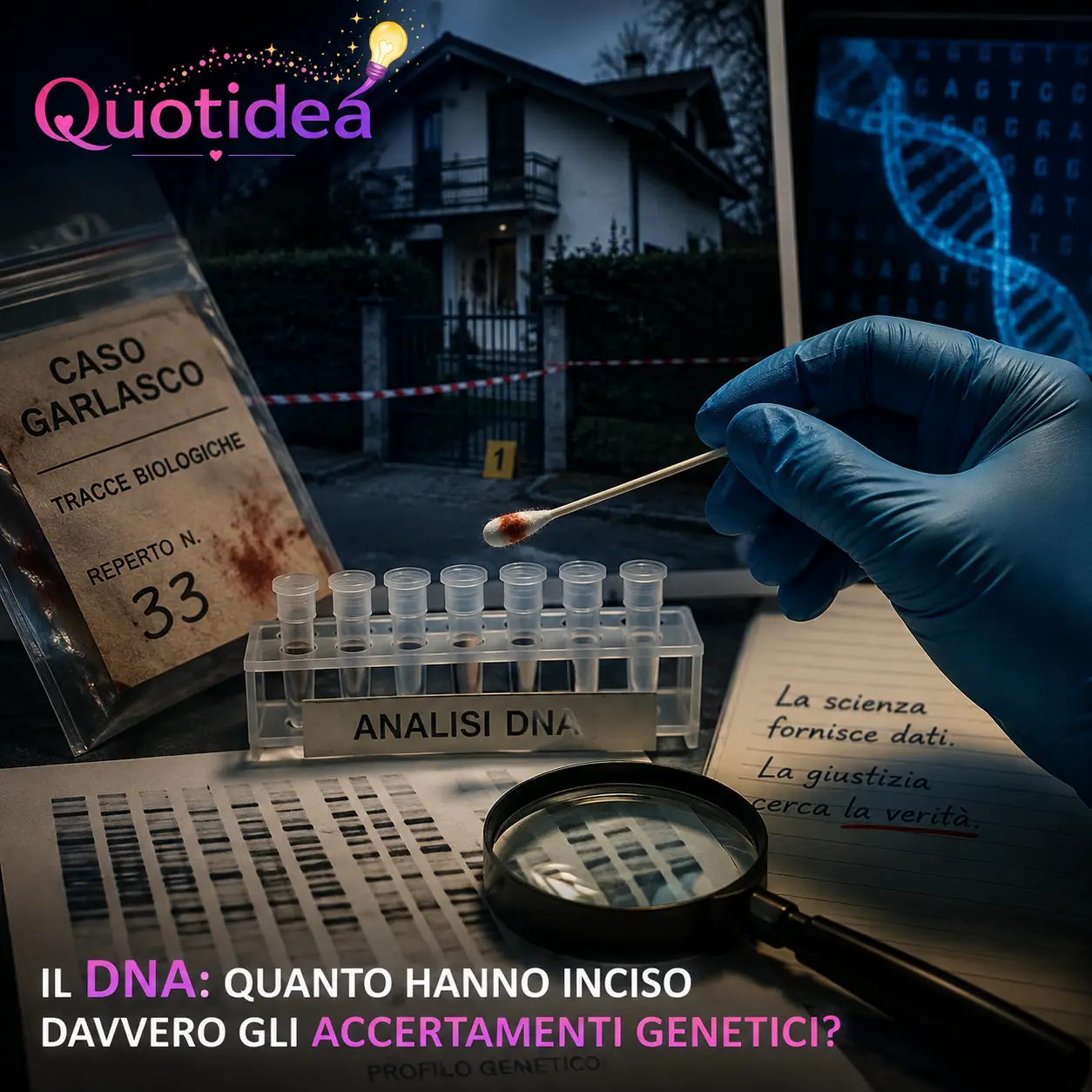 Illustrazione realistica di una provetta contenente DNA e reperti forensi utilizzati nelle indagini sul caso Garlasco, con logo Quotidea.