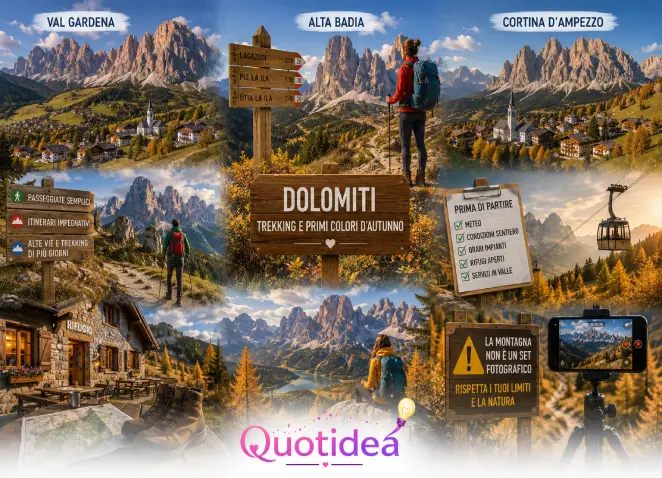 Dolomiti a settembre: trekking e primi colori d’autunno Collage delle Dolomiti a settembre con Val Gardena, Alta Badia, Cortina d’Ampezzo, sentieri, rifugi e primi colori d’autunno