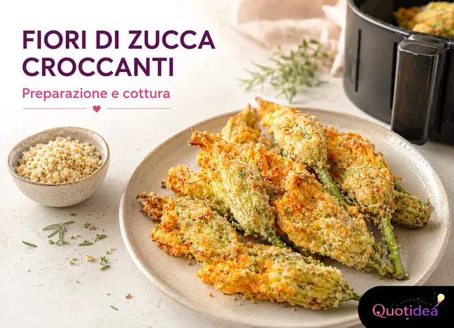 Fiori di zucca croccanti: preparazione e cottura Fiori di zucca croccanti preparati con pangrattato ed erbe aromatiche in friggitrice ad aria