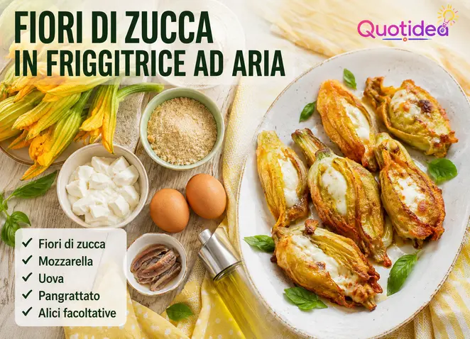 Fiori di zucca ripieni in friggitrice ad aria con mozzarella, uova, pangrattato e alici.