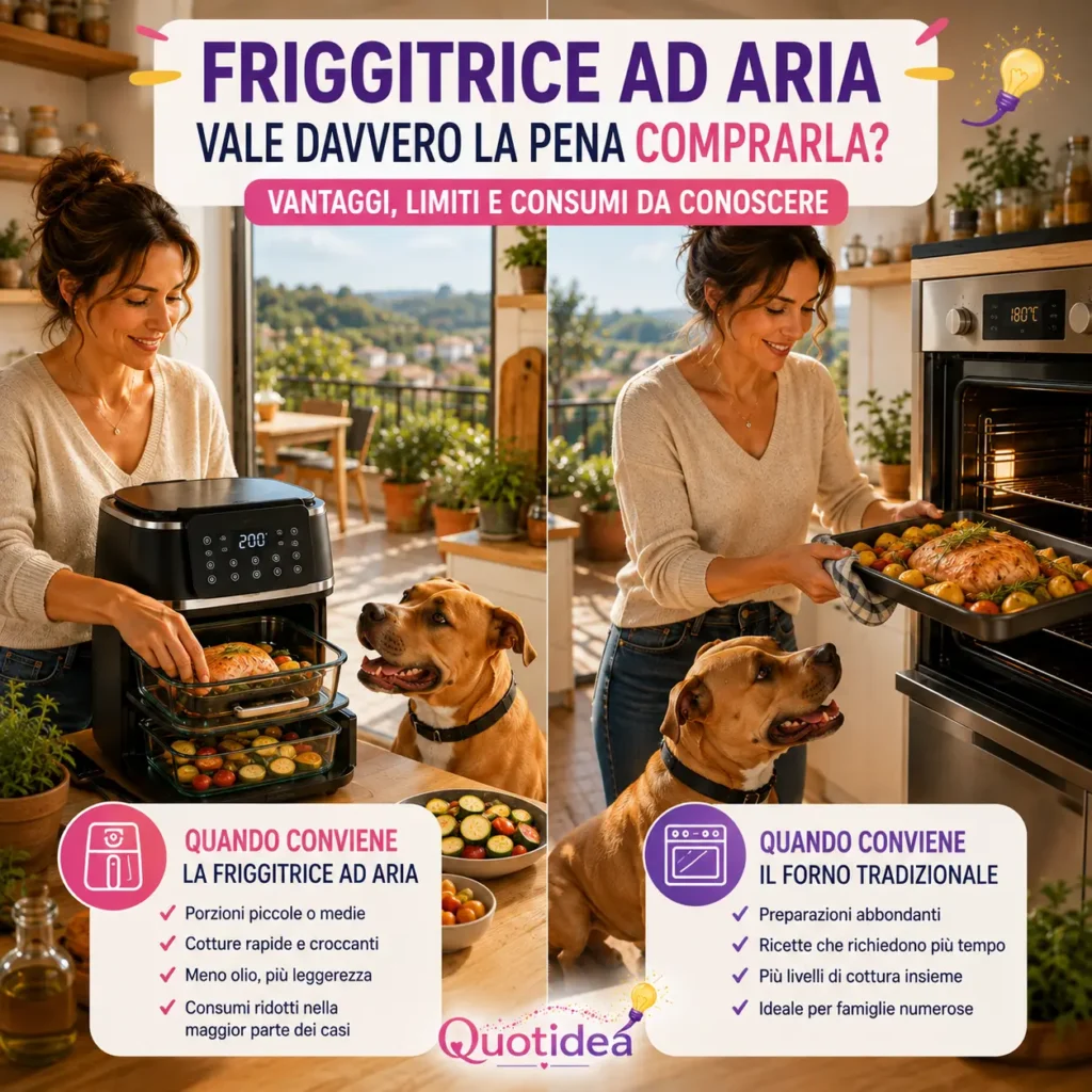 nfografica che confronta friggitrice ad aria e forno tradizionale, evidenziando vantaggi, limiti, consumi e quando conviene utilizzare ciascun metodo di cottura.