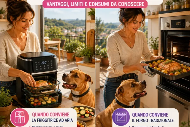 nfografica che confronta friggitrice ad aria e forno tradizionale, evidenziando vantaggi, limiti, consumi e quando conviene utilizzare ciascun metodo di cottura.
