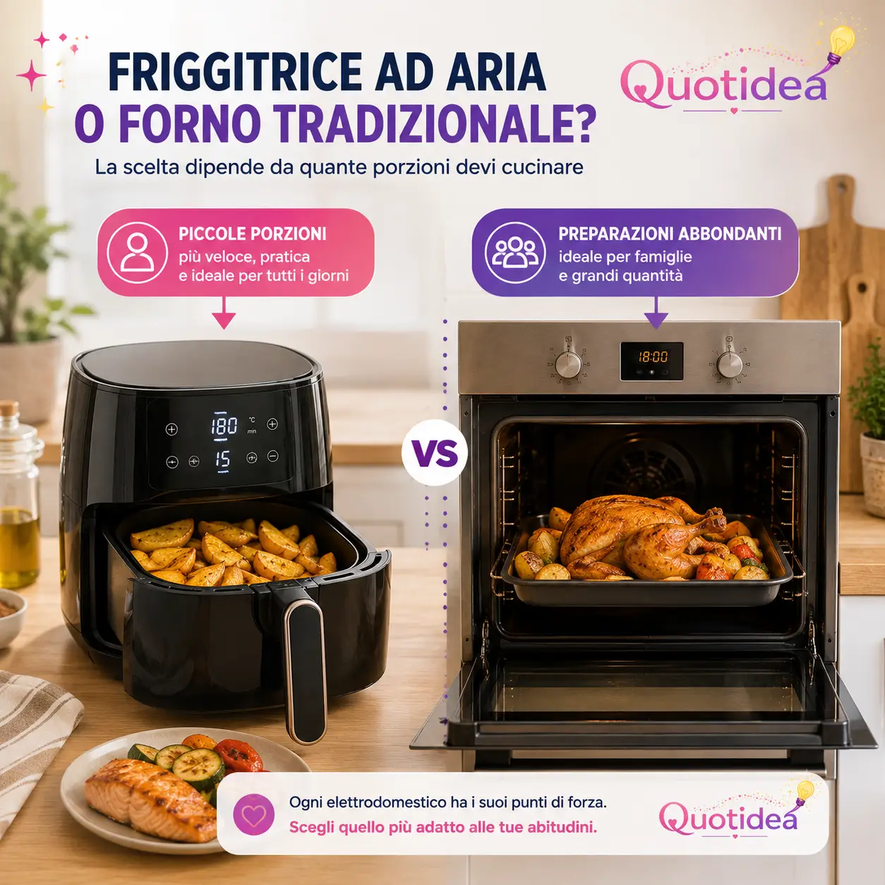 Confronto tra una friggitrice ad aria e un forno tradizionale per la preparazione di piccole porzioni e pasti per tutta la famiglia.