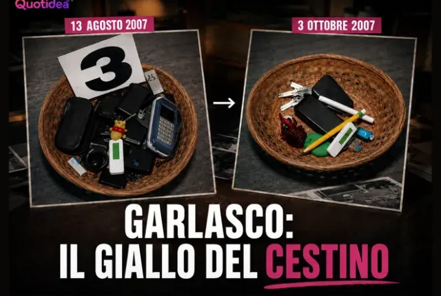 Immagine creata da Quotidea con la ricostruzione grafica del cestino svuotatasche nelle date del 13 agosto e del 3 ottobre 2007; non rappresenta fotografie originali della villetta di Garlasco.