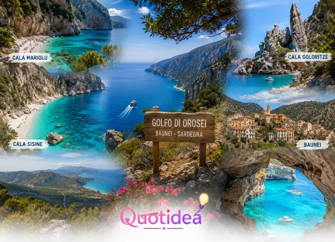 Golfo di Orosei e Baunei in Sardegna a settembre Collage del Golfo di Orosei e Baunei con Cala Mariolu, Cala Goloritzè e Cala Sisine in Sardegna