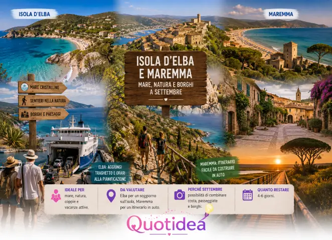 Isola d’Elba e Maremma a settembre tra mare e natura Collage dell’Isola d’Elba e della Maremma a settembre con spiagge, borghi, sentieri, natura e traghetto
