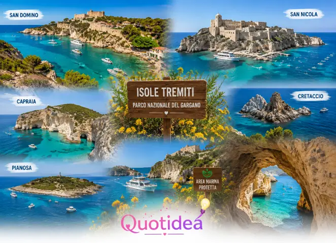Isole Tremiti: San Domino, San Nicola, Capraia, Cretaccio e Pianosa Collage delle Isole Tremiti con San Domino, San Nicola, Capraia, Cretaccio e Pianosa nel Parco Nazionale del Gargano