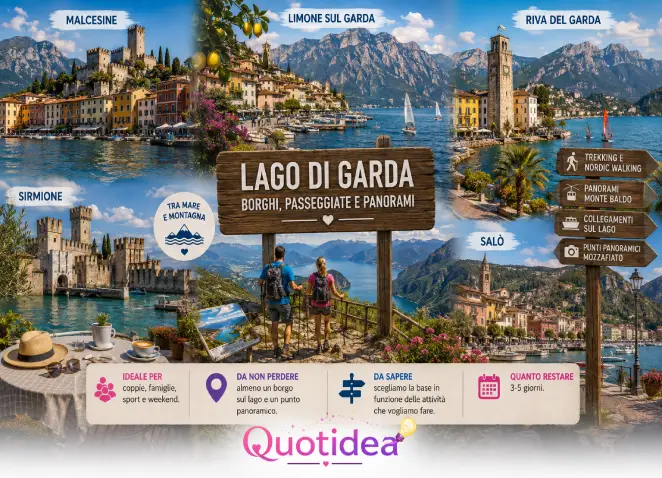 Lago di Garda a settembre tra borghi, passeggiate e panorami Collage del Lago di Garda con Malcesine, Limone sul Garda, Riva del Garda, Sirmione, Salò e panorami del Monte Baldo