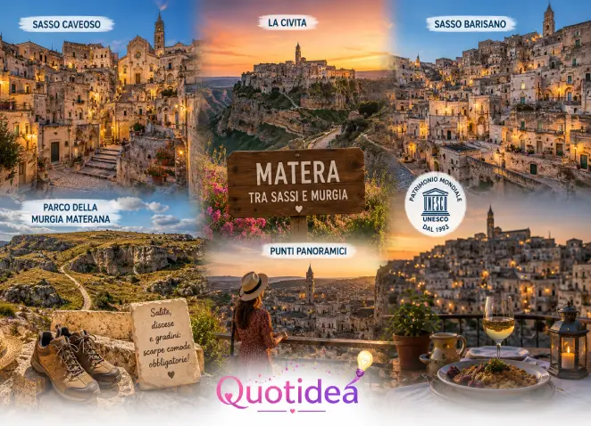 Matera tra Sassi e Murgia: cosa vedere a settembre Collage di Matera con Sasso Caveoso, Sasso Barisano, Civita e Parco della Murgia Materana