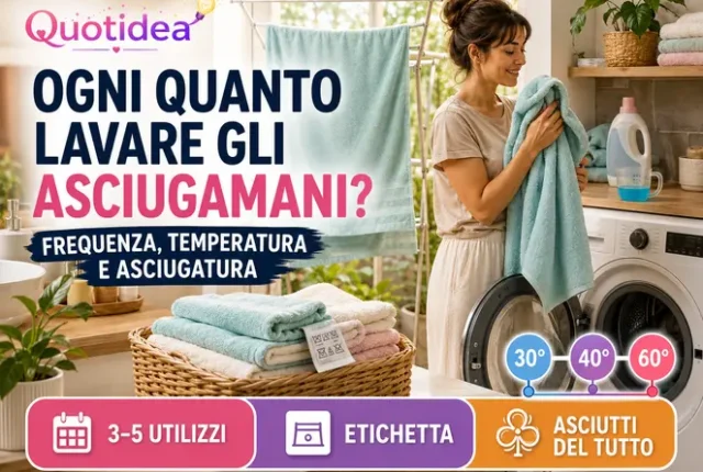 Donna con asciugamani puliti accanto alla lavatrice, con indicazioni su frequenza, temperatura e corretta asciugatura.