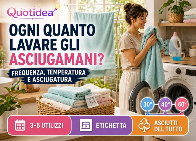 Donna con asciugamani puliti accanto alla lavatrice, con indicazioni su frequenza, temperatura e corretta asciugatura.