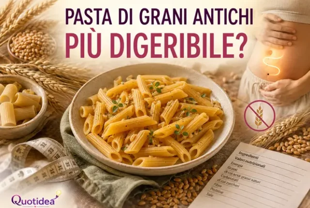 Pasta di grani antichi con spighe, etichetta nutrizionale e richiami a digeribilità, gonfiore e glutine