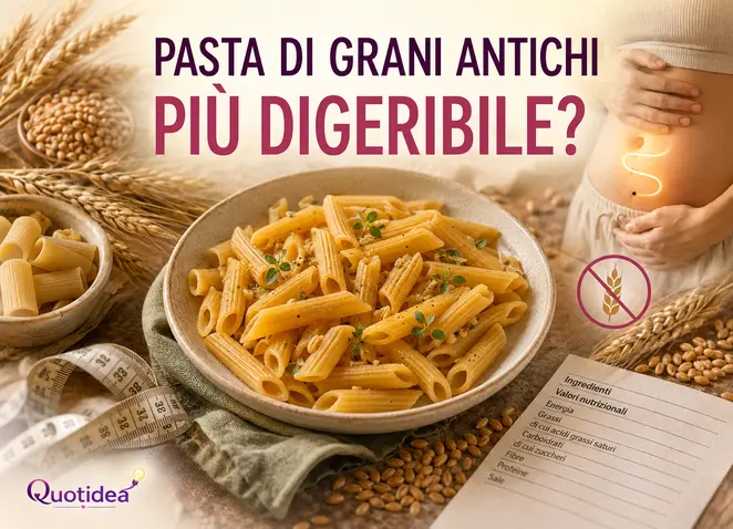 Pasta di grani antichi con spighe, etichetta nutrizionale e richiami a digeribilità, gonfiore e glutine