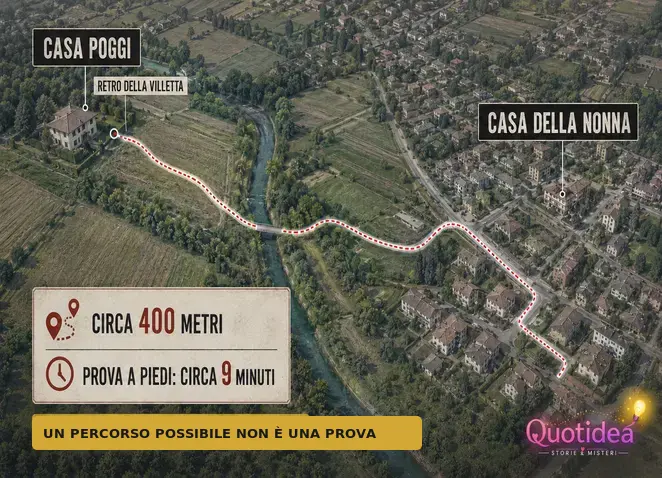 Ricostruzione grafica del percorso ipotizzato dal retro di casa Poggi alla zona dell’abitazione della nonna di Andrea Sempio.