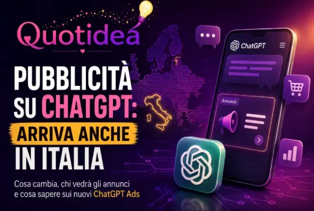Pubblicità su ChatGPT in Italia con smartphone, annuncio sponsorizzato e grafica Quotidea
