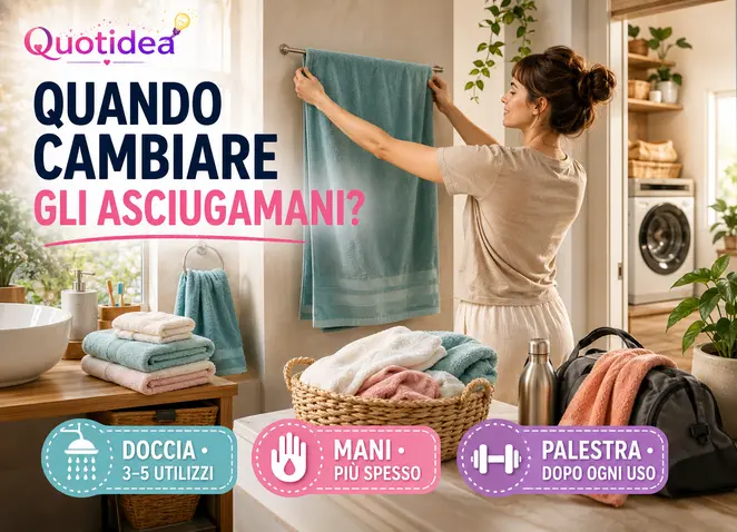 Donna che sistema un telo da doccia in bagno con indicazioni sulla frequenza di lavaggio degli asciugamani per doccia, mani e palestra.