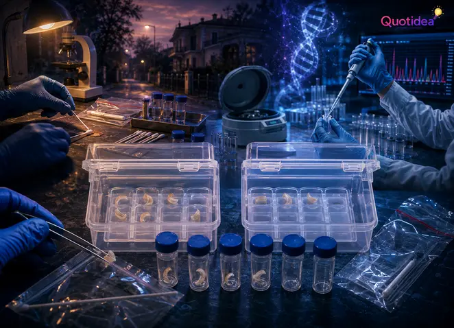 Ricostruzione grafica dei contenitori dei reperti ungueali e delle successive analisi genetiche nel caso Garlasco