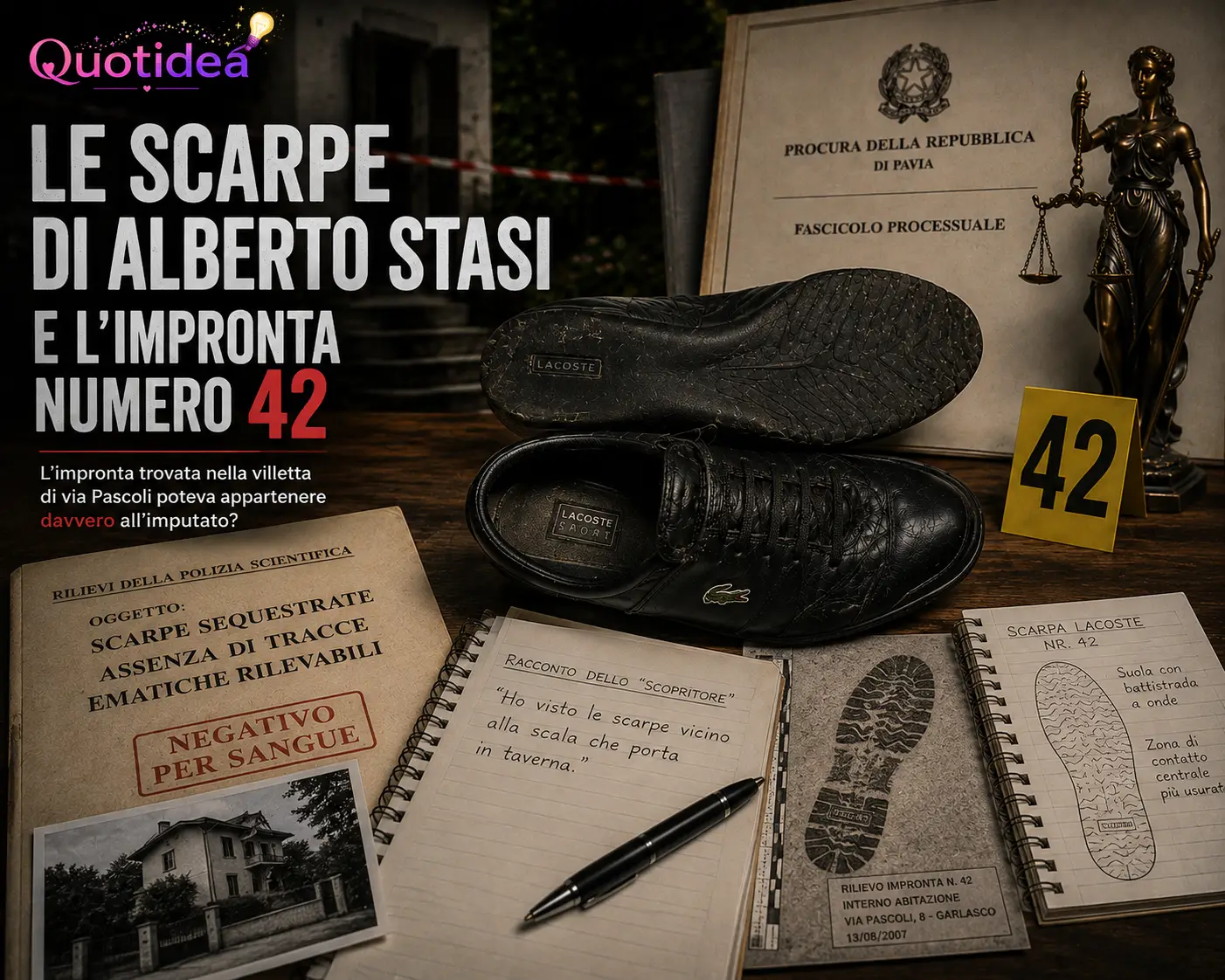 Ricostruzione delle scarpe sequestrate ad Alberto Stasi con fascicolo processuale e rilievi della Polizia Scientifica sul caso Garlasco.