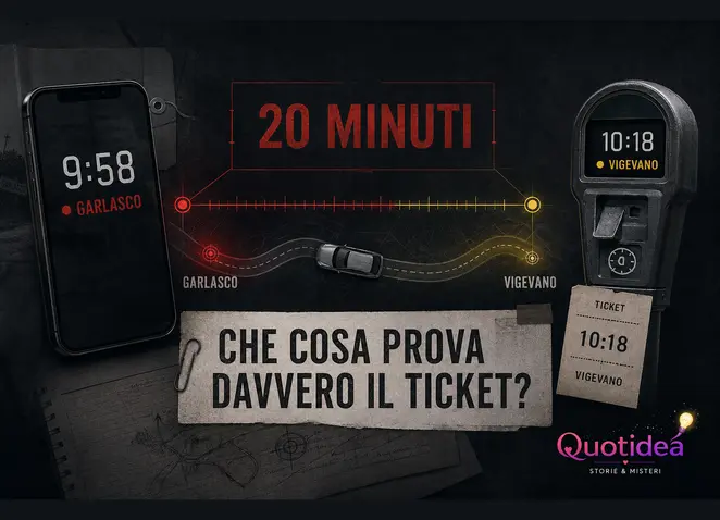 Linea temporale tra la chiamata delle 9:58 a Garlasco e il ticket delle 10:18 emesso nel parcheggio di Vigevano.