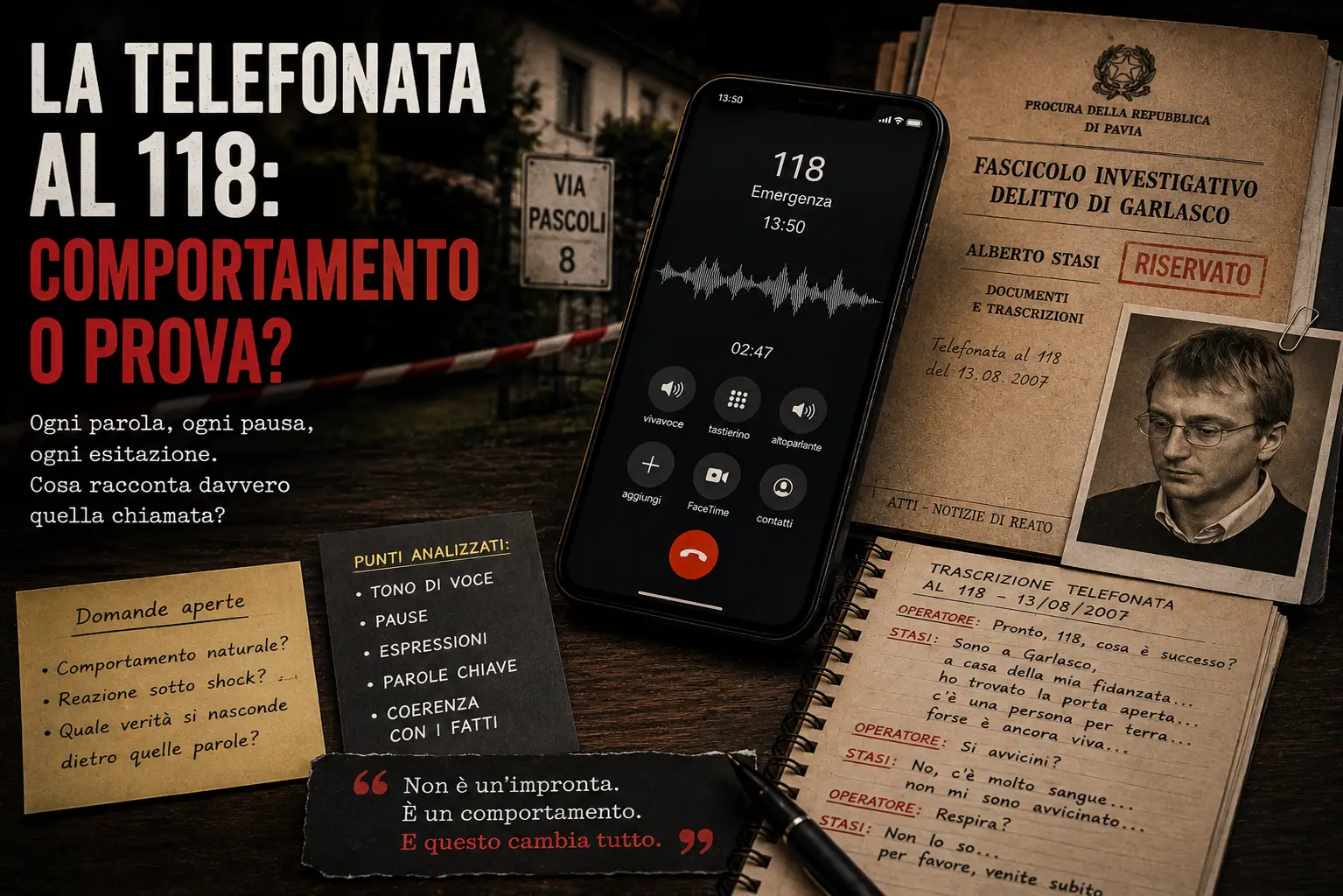 Ricostruzione illustrativa della telefonata al 118 effettuata da Alberto Stasi il 13 agosto 2007 con fascicolo investigativo e trascrizione della chiamata nel caso Garlasco.